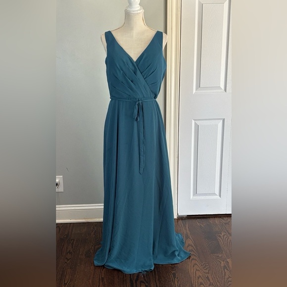 Morilee women 14 Teal 21532 maxi chiffon bridesmaid dress V neck - Picture 1 of 11